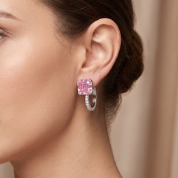 Pink Asscher-Cut Stone & American Diamond Hoop Earrings in 925 Silver