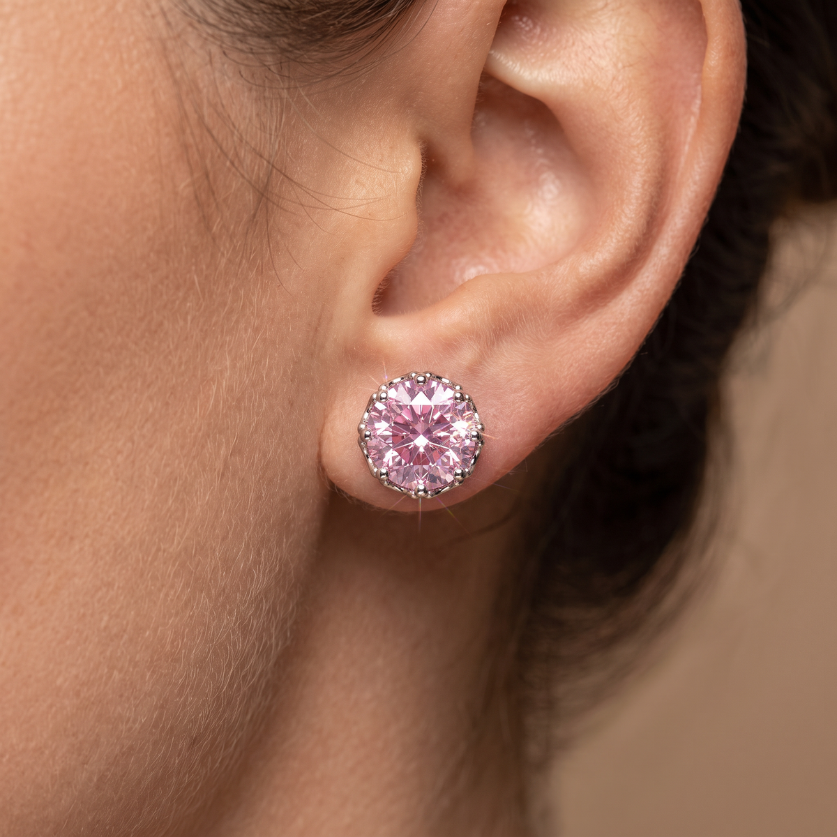 Pink Round-Cut Solitaire Stud Earrings in 925 Silver