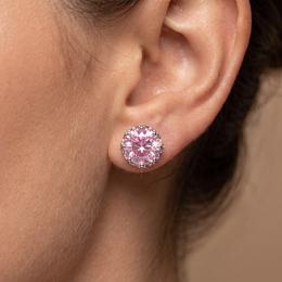 Pink Round-Cut Solitaire Stud Earrings in 925 Silver