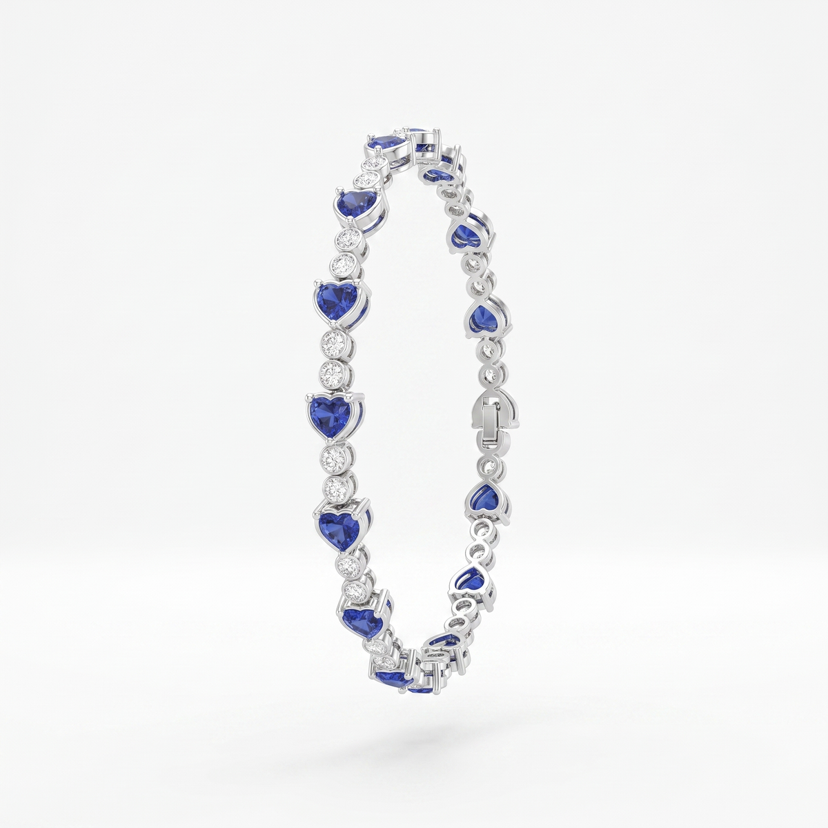Blue Heart-Cut Stone & American Diamond Tennis Bracelet in 925 Silver