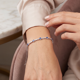Blue Heart-Cut Stone & American Diamond Tennis Bracelet in 925 Silver