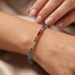 Rainbow Princess-Cut Tennis Bracelet in 925 Silver
