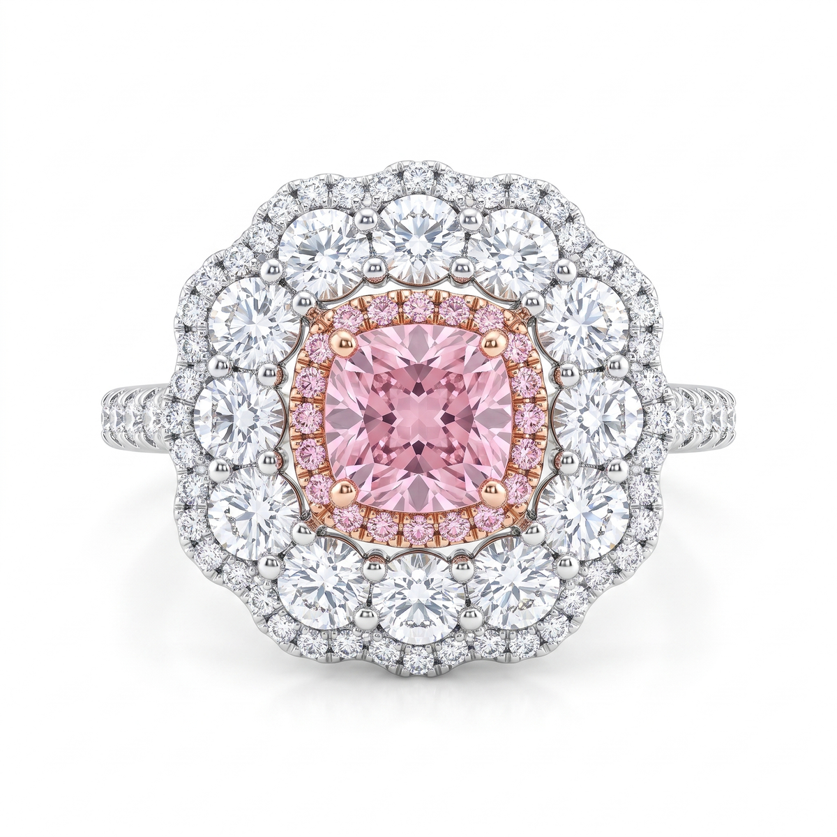 Pink Cushion-Cut Halo Statement Ring in 925 Silver with American Diamonds