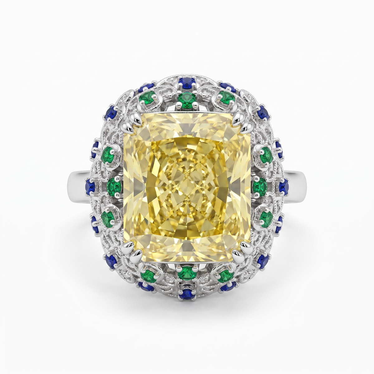 Yellow Radiant-Cut American Diamond Multicolor Halo Statement Ring in 925 Silver