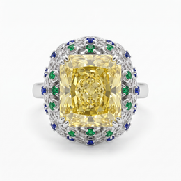 Yellow Radiant-Cut American Diamond Multicolor Halo Statement Ring in 925 Silver
