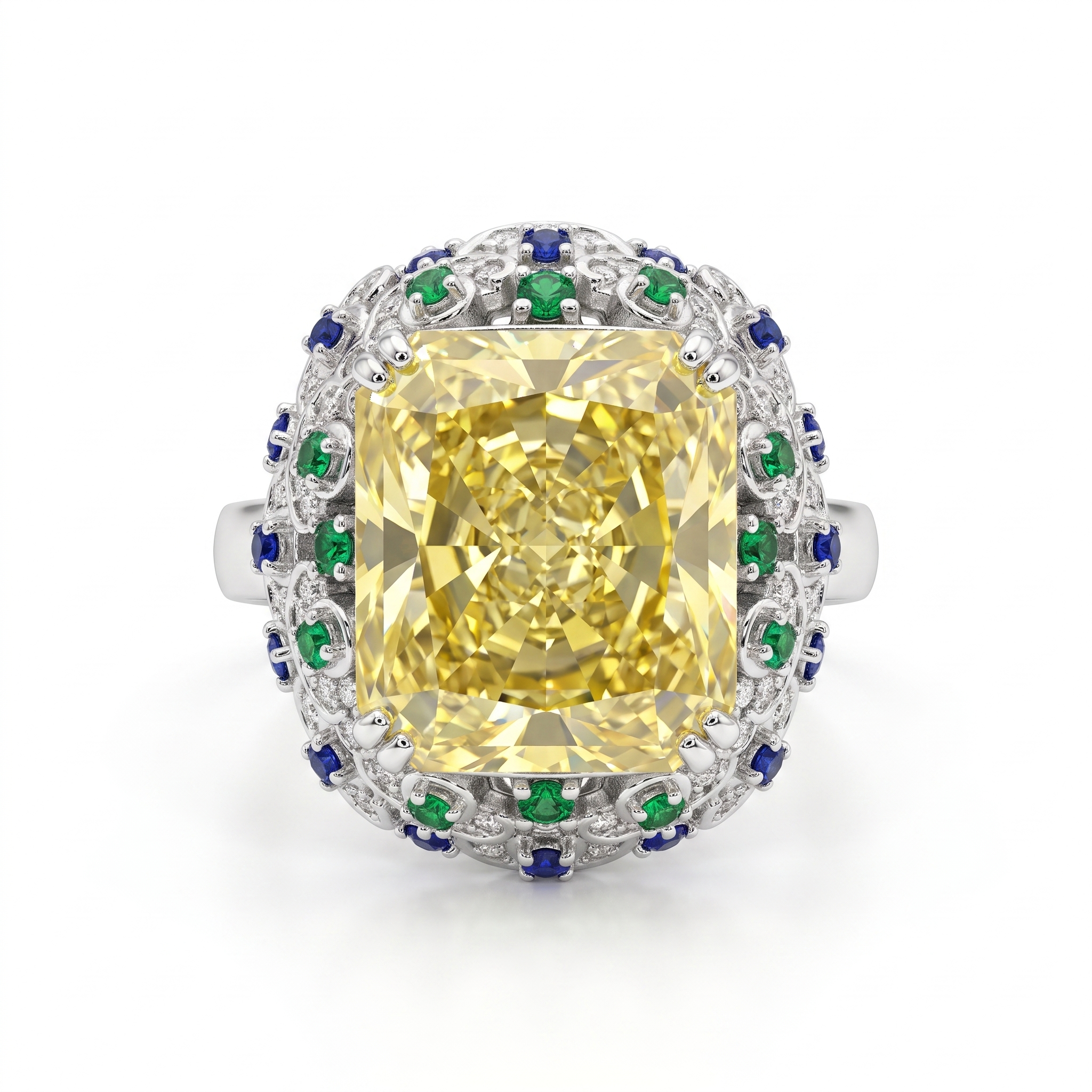 Yellow Radiant-Cut American Diamond Multicolor Halo Statement Ring in 925 Silver Secondary image