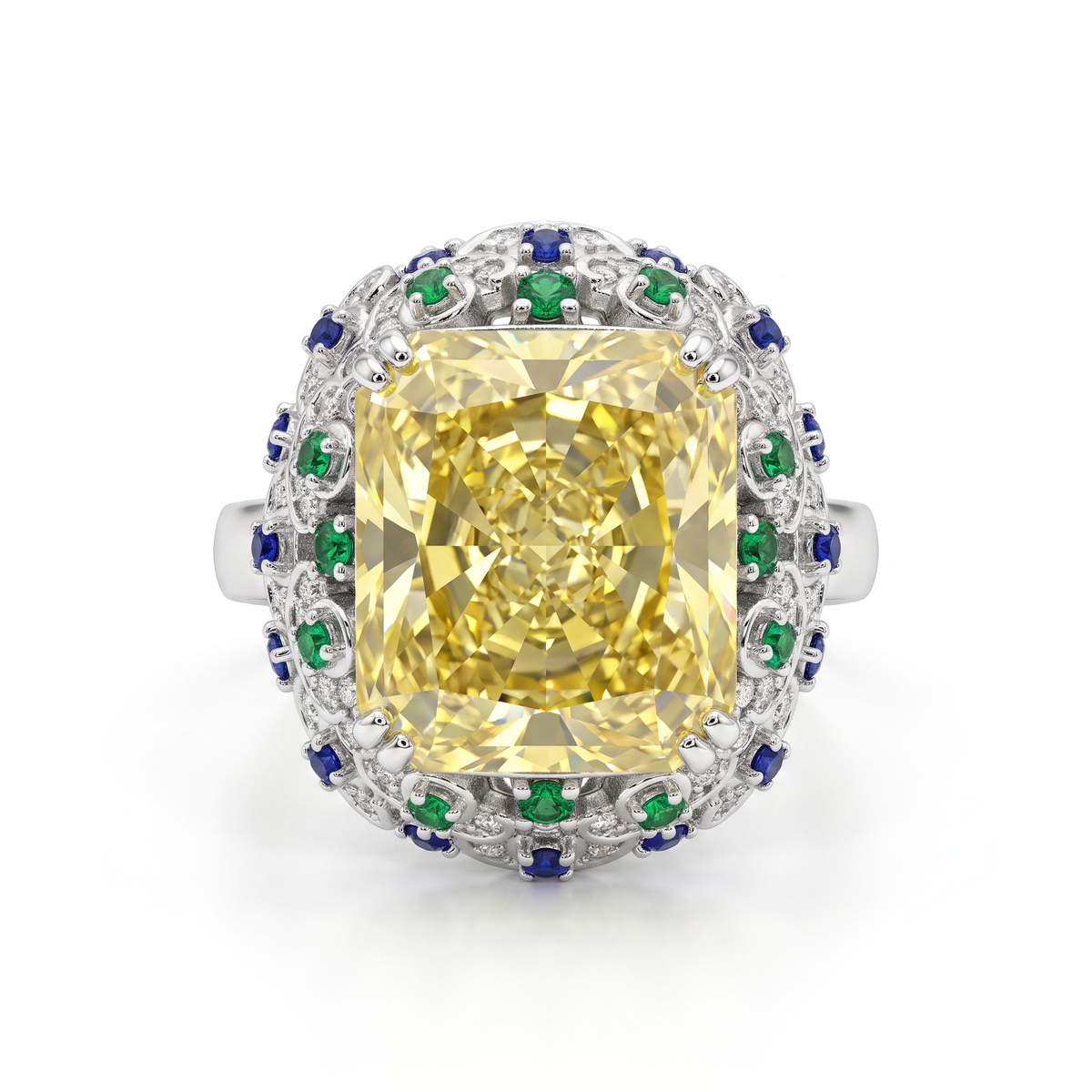 Yellow Radiant-Cut American Diamond Multicolor Halo Statement Ring in 925 Silver