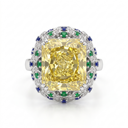 Yellow Radiant-Cut American Diamond Multicolor Halo Statement Ring in 925 Silver