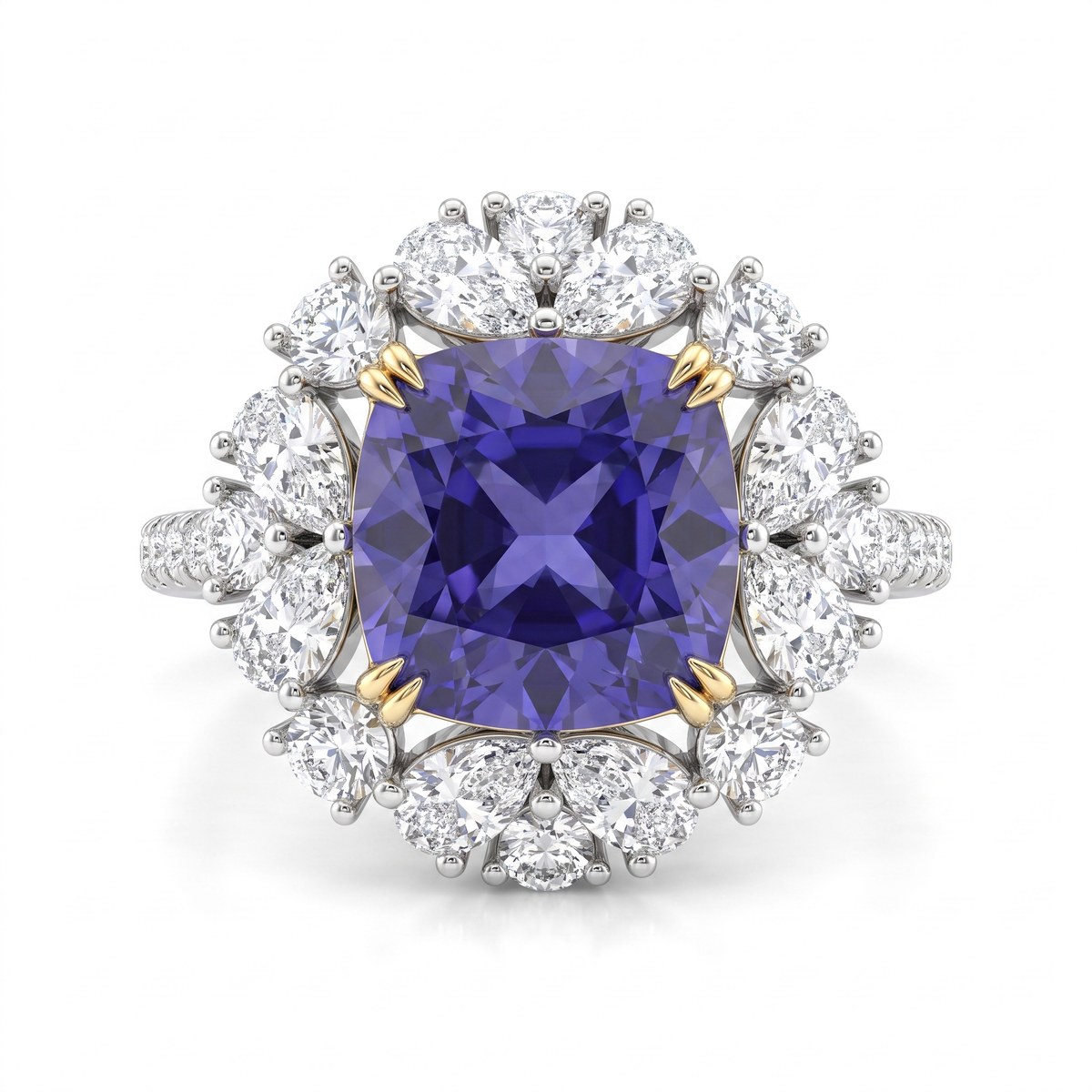 Purple Cushion-Cut American Diamond Floral Halo Statement Ring in 925 Silver