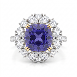 Purple Cushion-Cut American Diamond Floral Halo Statement Ring in 925 Silver