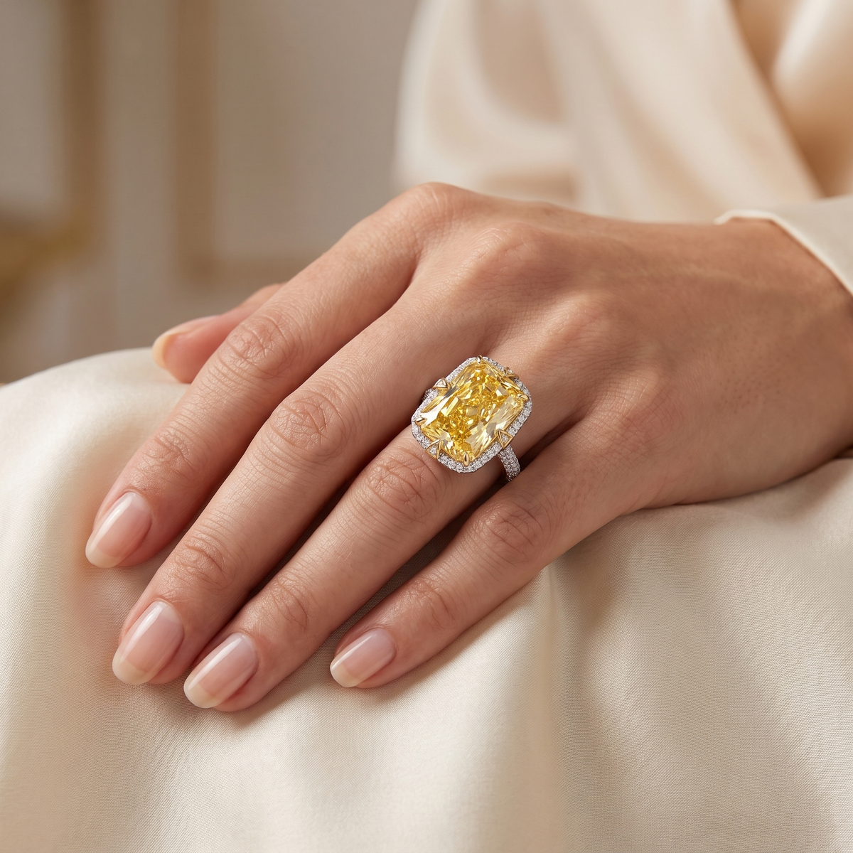 Yellow Radiant-Cut American Diamond Halo Statement Ring in 925 Silver