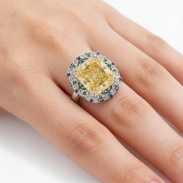 Yellow Radiant-Cut American Diamond Multicolor Halo Statement Ring in 925 Silver