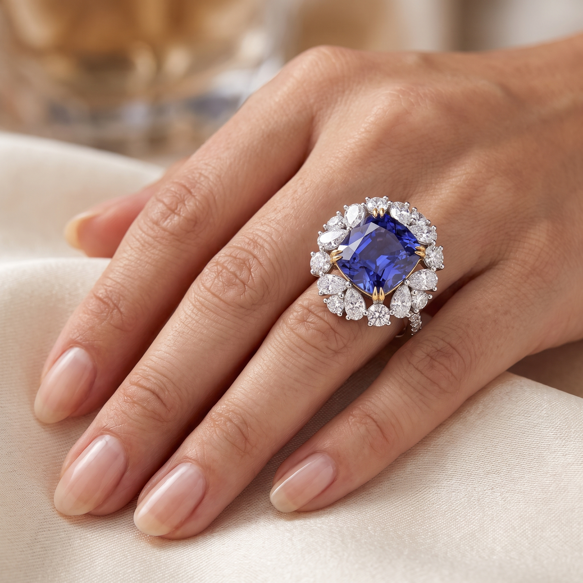 Purple Cushion-Cut American Diamond Floral Halo Statement Ring in 925 Silver