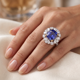 Purple Cushion-Cut American Diamond Floral Halo Statement Ring in 925 Silver