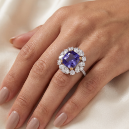 Purple Cushion-Cut American Diamond Floral Halo Statement Ring in 925 Silver