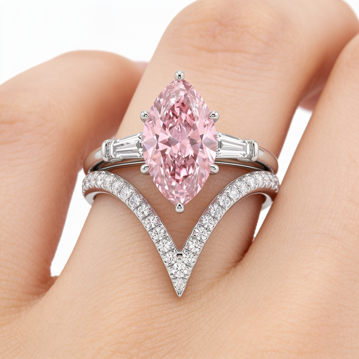 Pink Marquise-Cut American Diamond Bridal Ring Set in 925 Silver