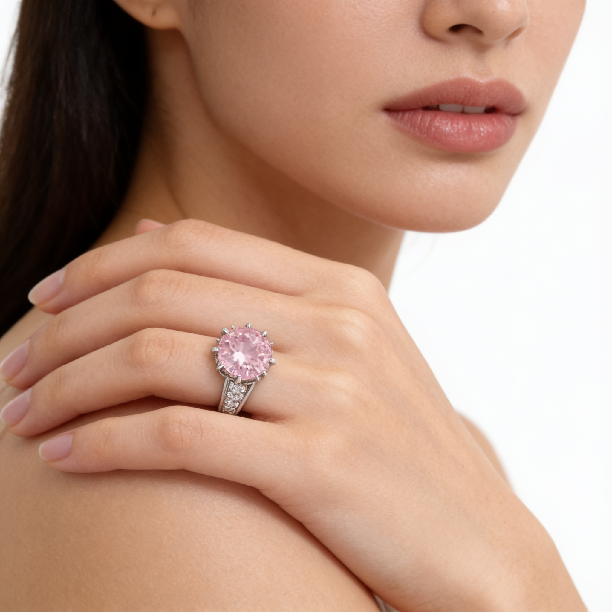 Pink Round-Cut American Diamond Pavé Ring in 925 Silver Secondary image