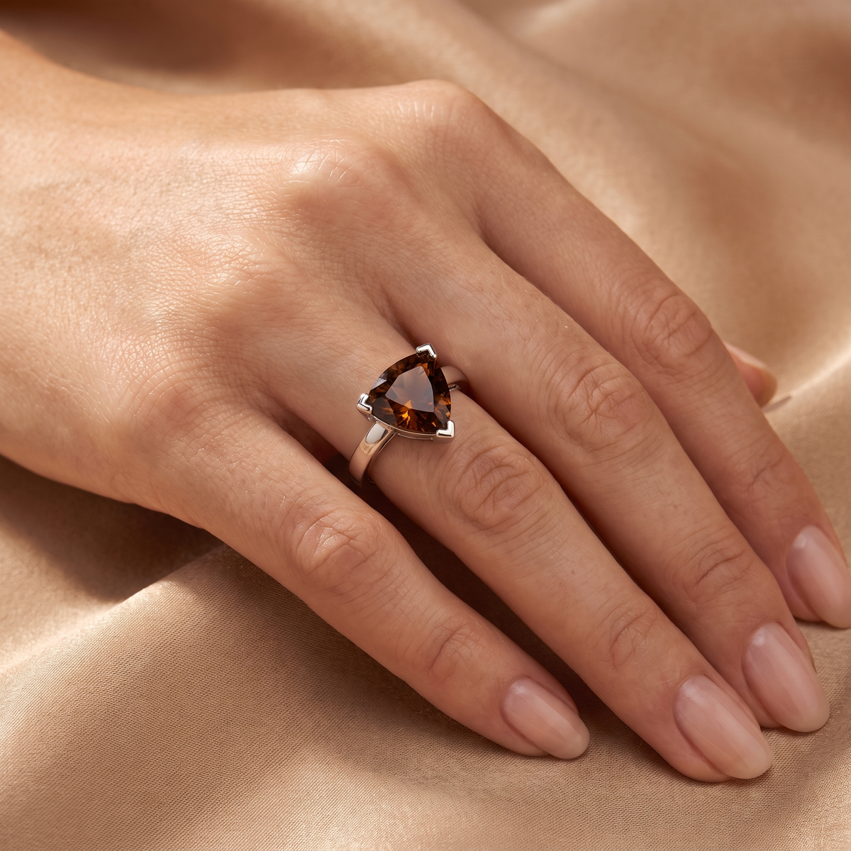 Brown Trillion-Cut Solitaire Ring in 925 Silver