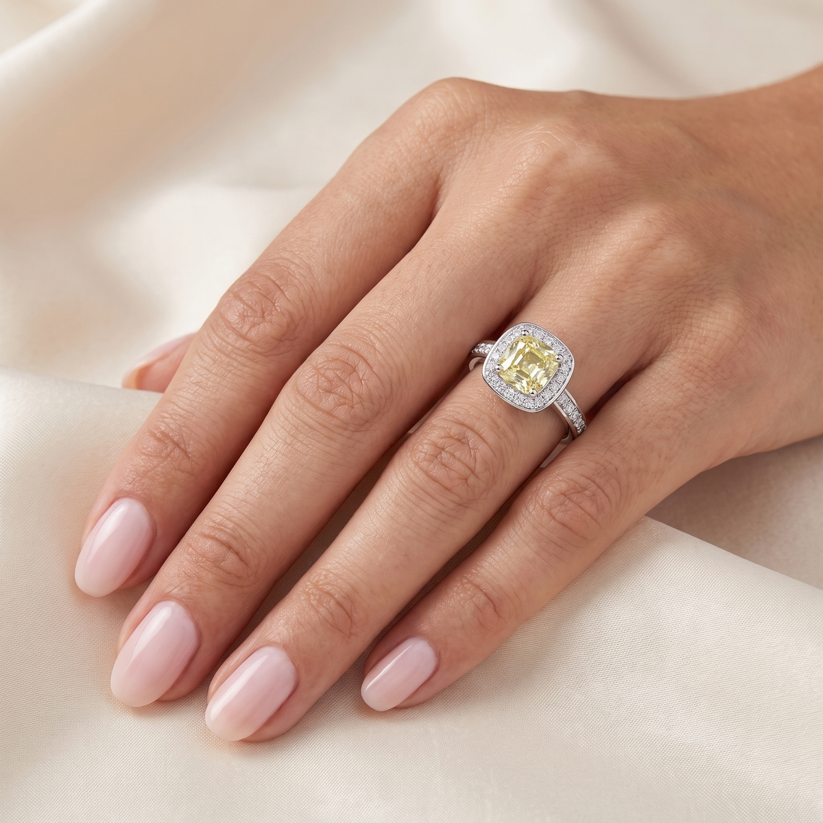 Yellow Asscher-Cut American Diamond Halo Ring in 925 Silver