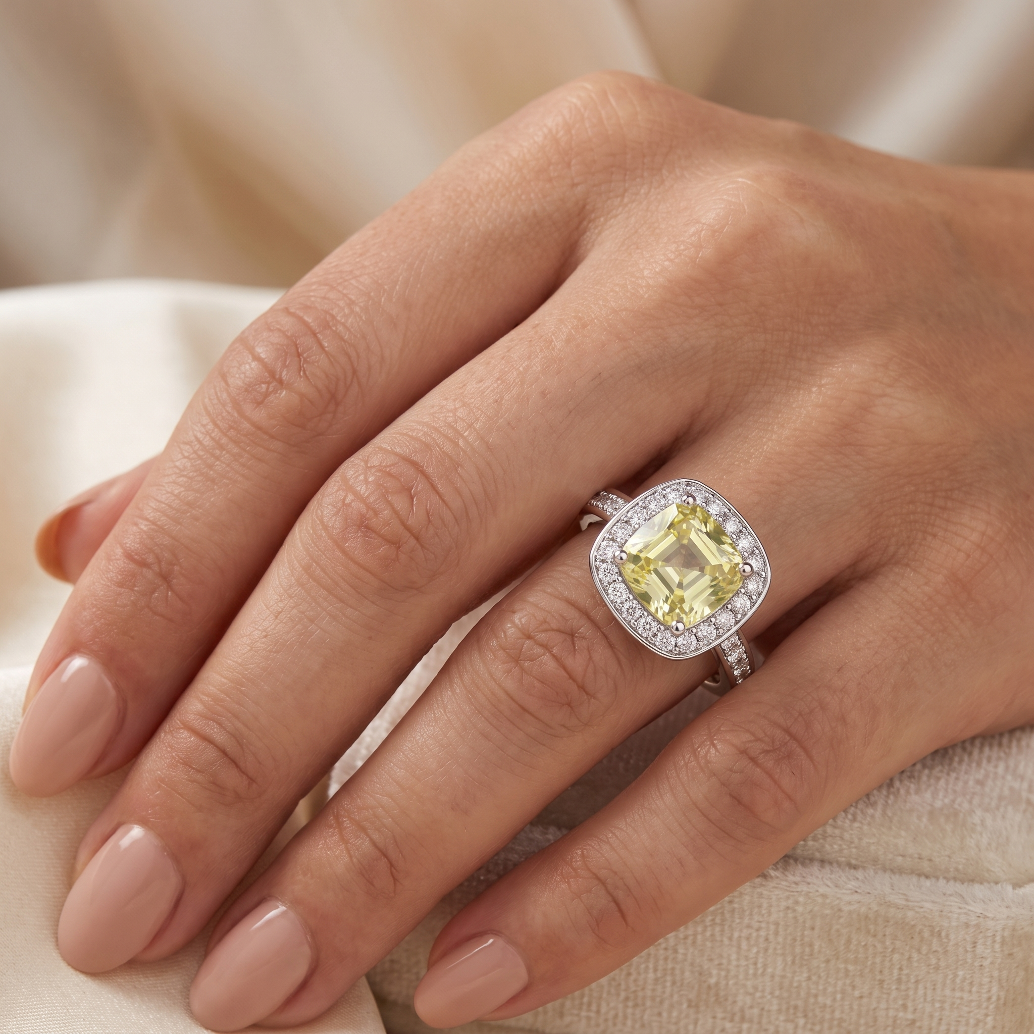 Yellow Asscher-Cut American Diamond Halo Ring in 925 Silver Secondary image