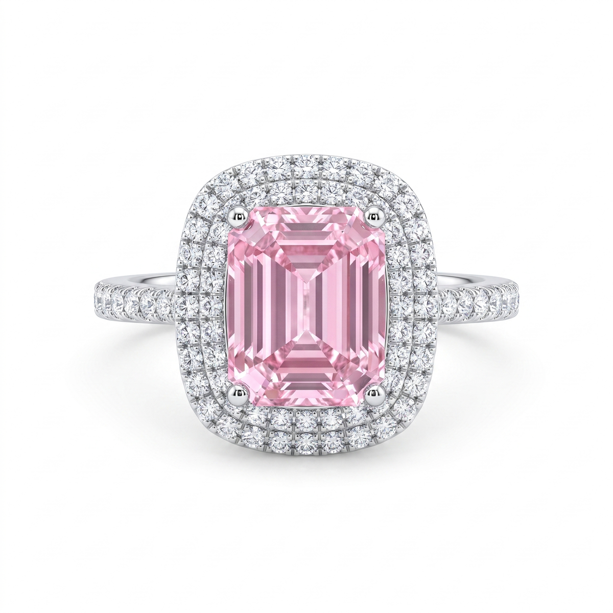 Pink Emerald-Cut American Diamond Double Halo Ring in 925 Silver Main image
