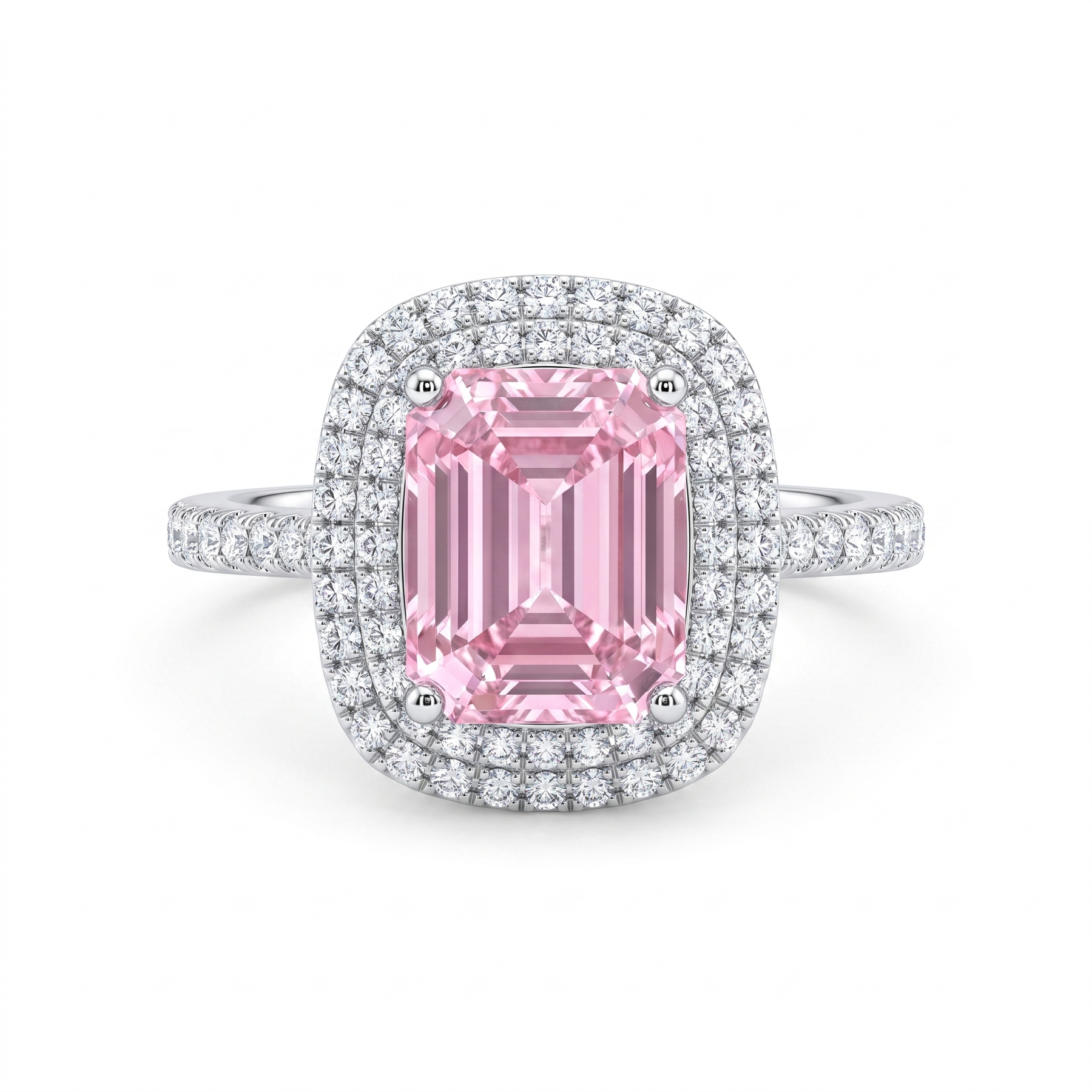 Pink Emerald-Cut American Diamond Double Halo Ring in 925 Silver