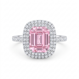 Pink Emerald-Cut American Diamond Double Halo Ring in 925 Silver