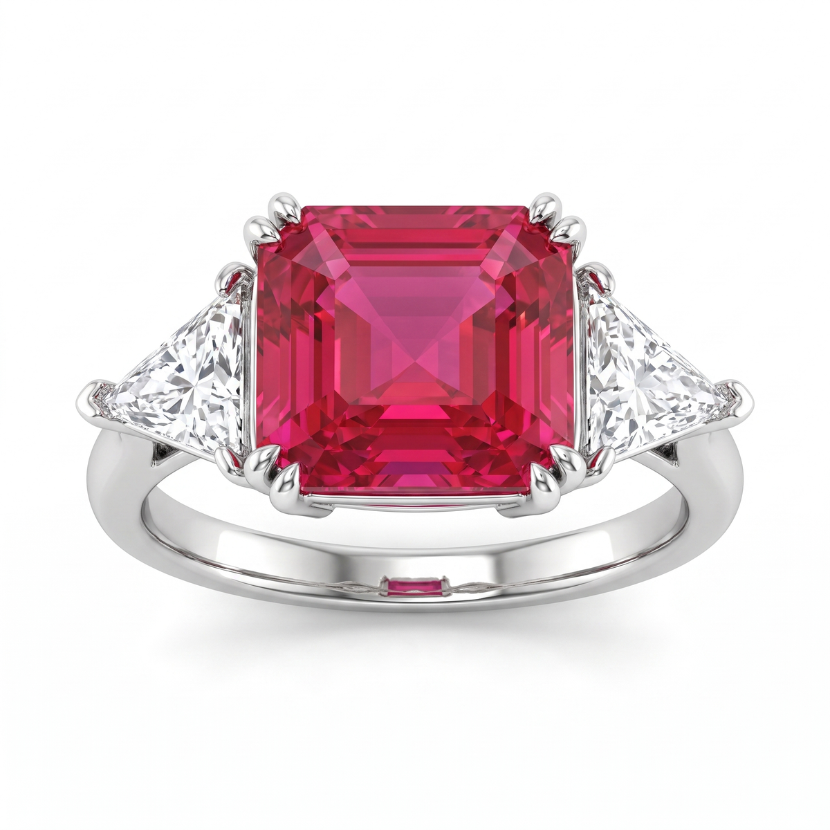 Red Emerald-Cut American Diamond Three-Stone Ring in 925 Silver