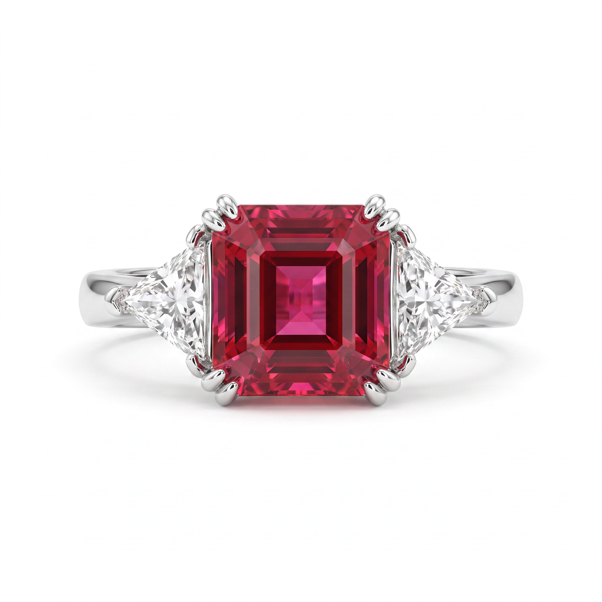 Red Emerald-Cut American Diamond Three-Stone Ring in 925 Silver Secondary image