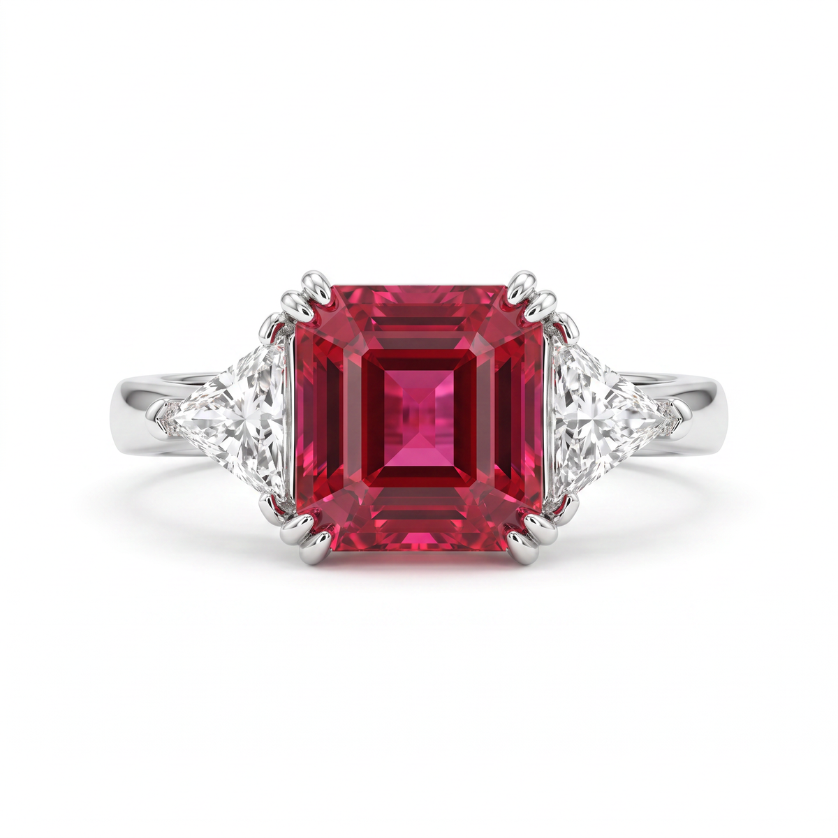 Red Emerald-Cut American Diamond Three-Stone Ring in 925 Silver