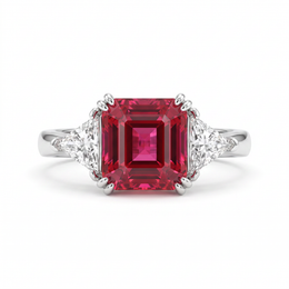 Red Emerald-Cut American Diamond Three-Stone Ring in 925 Silver