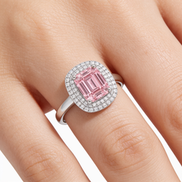 Pink Emerald-Cut American Diamond Double Halo Ring in 925 Silver