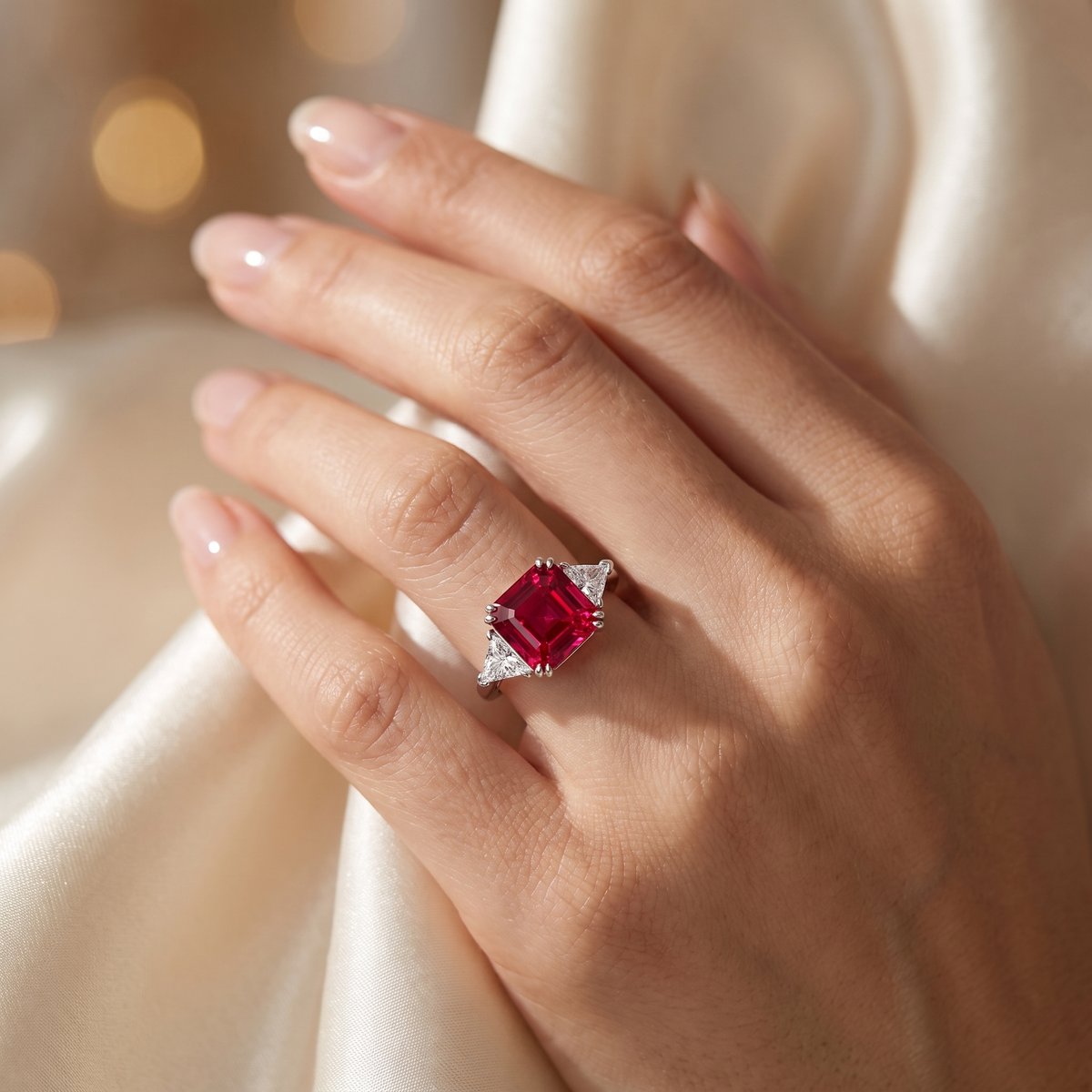Red Emerald-Cut American Diamond Three-Stone Ring in 925 Silver