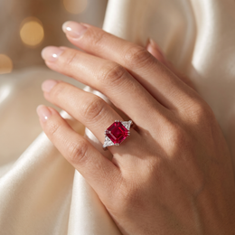 Red Emerald-Cut American Diamond Three-Stone Ring in 925 Silver