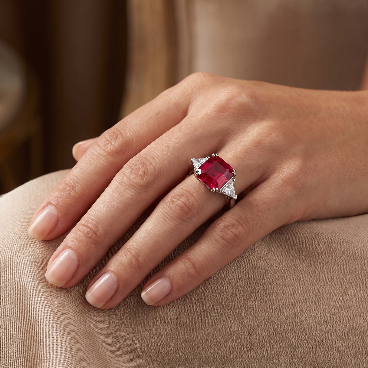 Red Emerald-Cut American Diamond Three-Stone Ring in 925 Silver