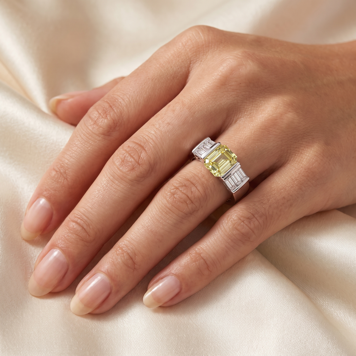 Yellow Emerald-Cut American Diamond Baguette Statement Ring in 925 Silver