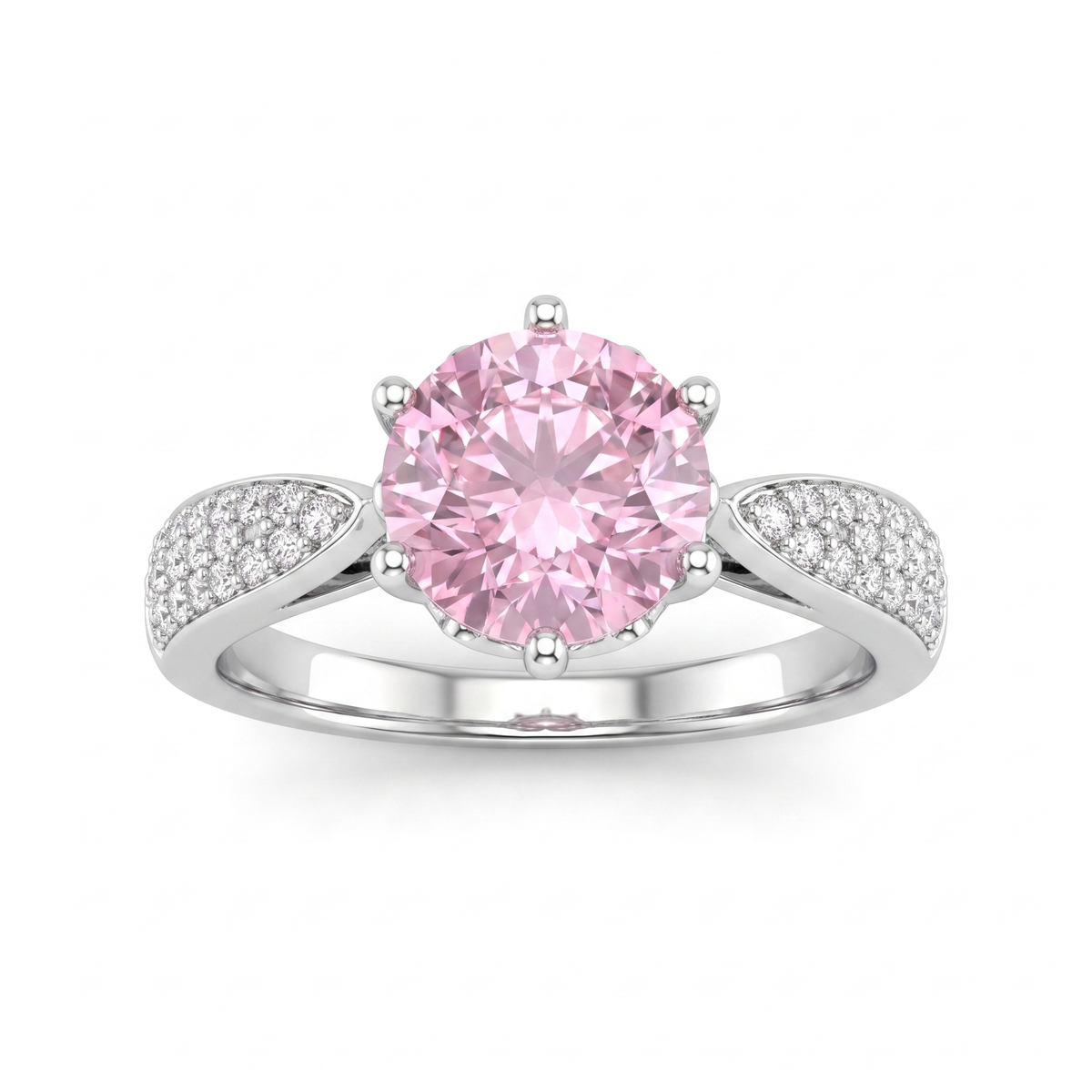 Pink Round-Cut American Diamond Solitaire Ring with Pavé Twist Band in 925 Silver