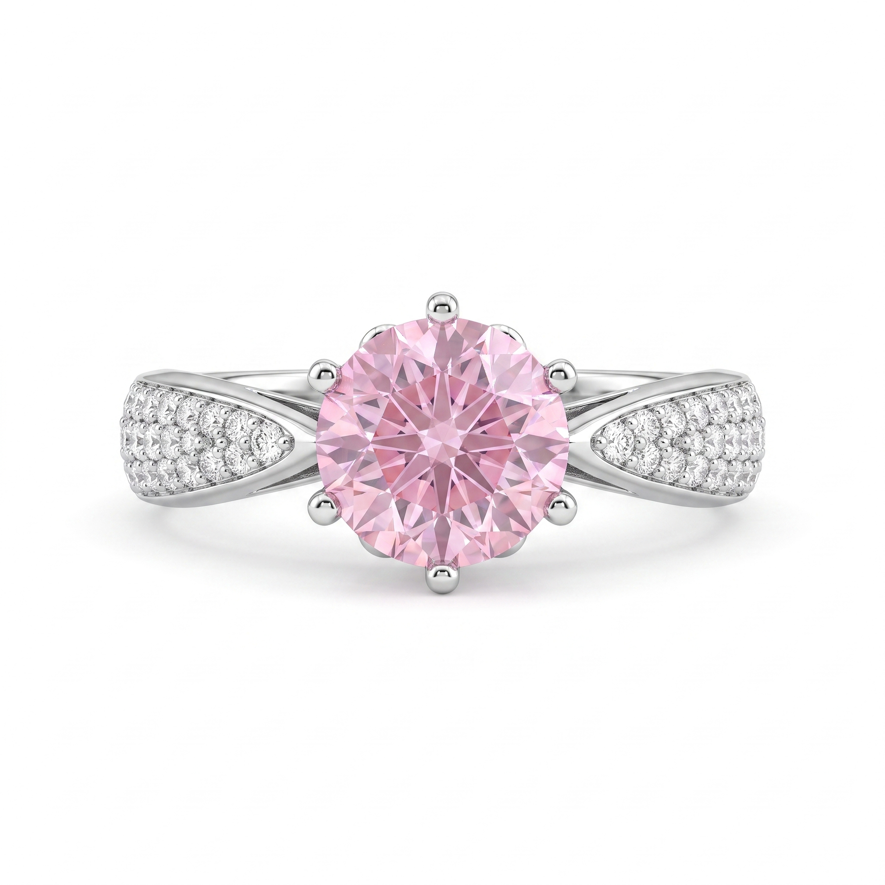 Pink Round-Cut American Diamond Solitaire Ring with Pavé Twist Band in 925 Silver