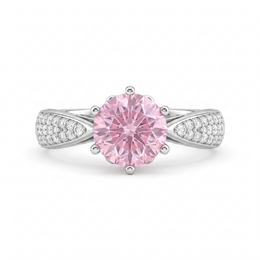 Pink Round-Cut American Diamond Solitaire Ring with Pavé Twist Band in 925 Silver