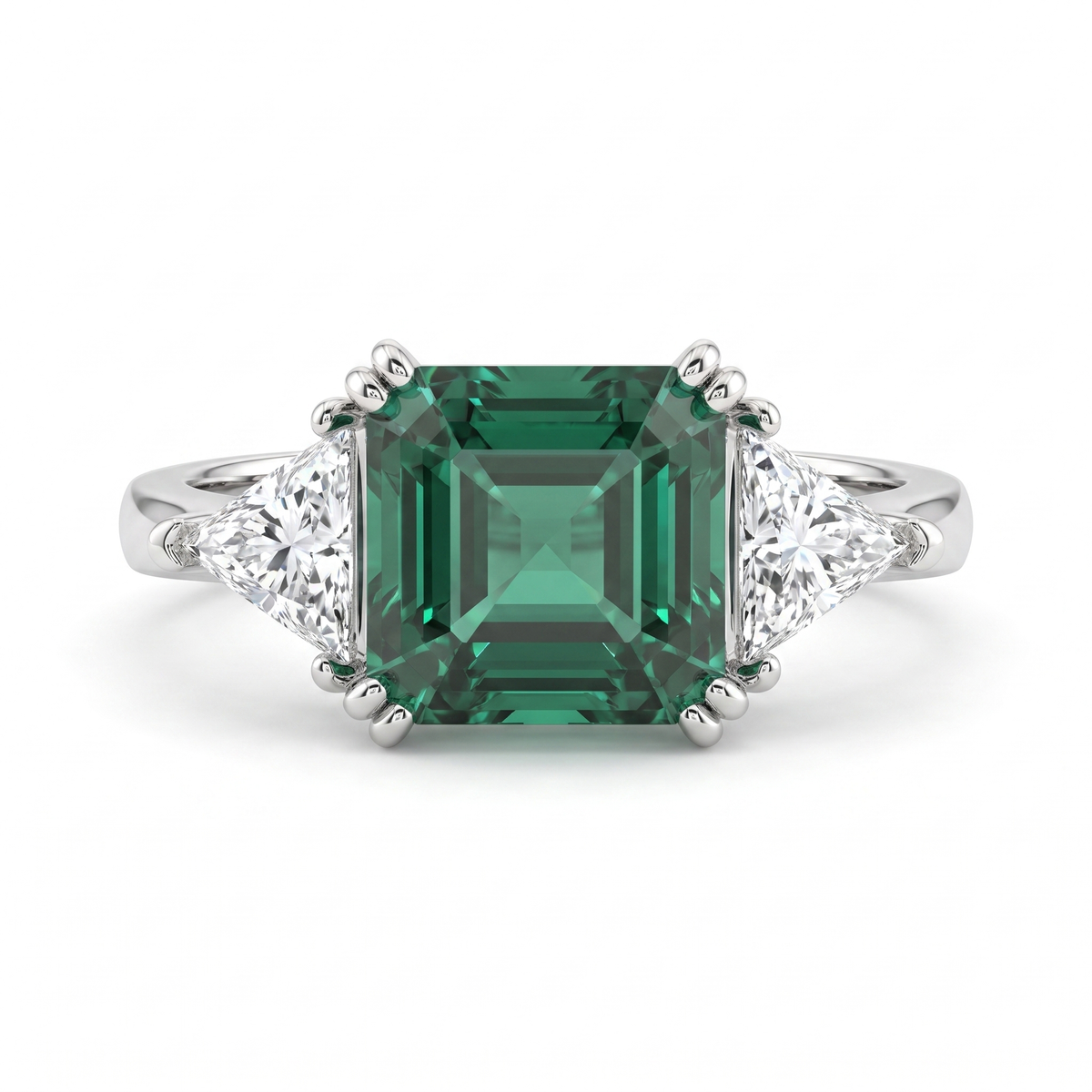 Emerald Green Asscher-Cut American Diamond Three-Stone Ring in 925 Silver Main image