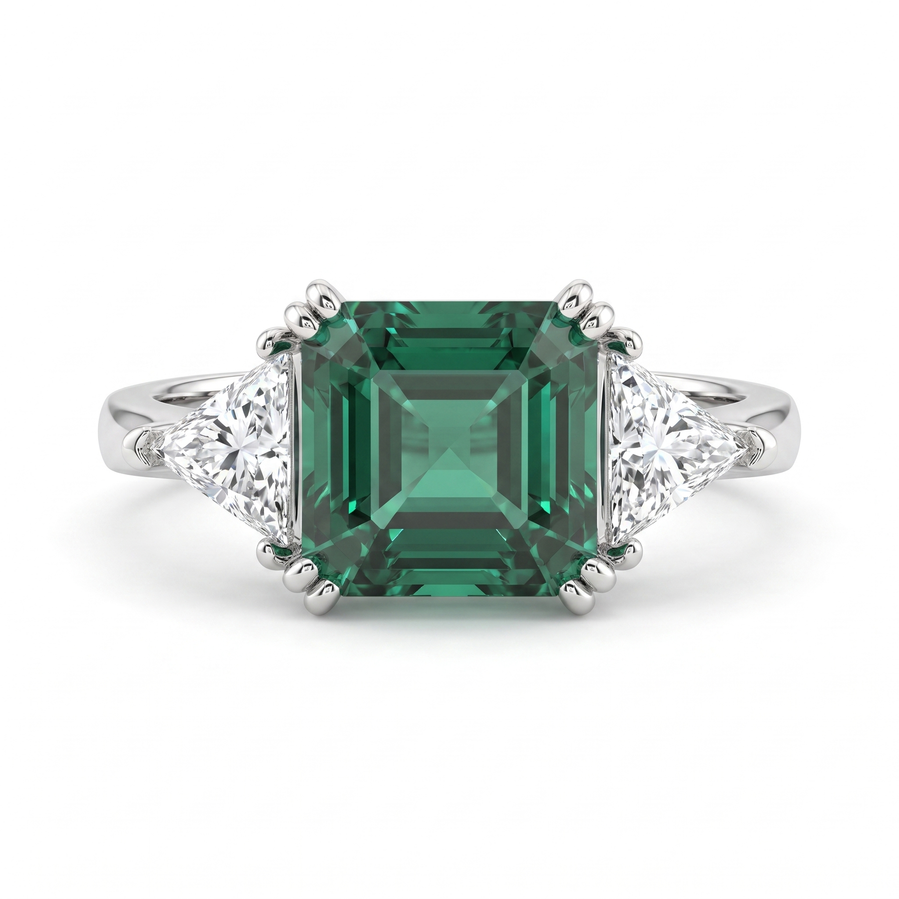 Emerald Green Asscher-Cut American Diamond Three-Stone Ring in 925 Silver