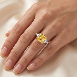 Yellow Radiant-Cut American Diamond Three-Stone Ring in 925 Silver
