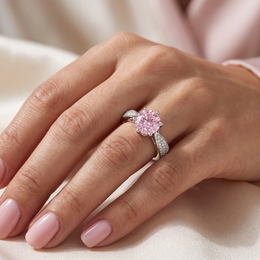 Pink Round-Cut American Diamond Solitaire Ring with Pavé Twist Band in 925 Silver