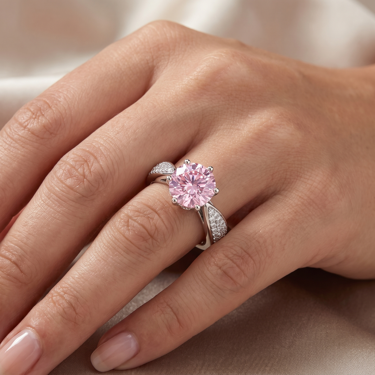 Pink Round-Cut American Diamond Solitaire Ring with Pavé Twist Band in 925 Silver