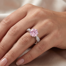 Pink Round-Cut American Diamond Solitaire Ring with Pavé Twist Band in 925 Silver