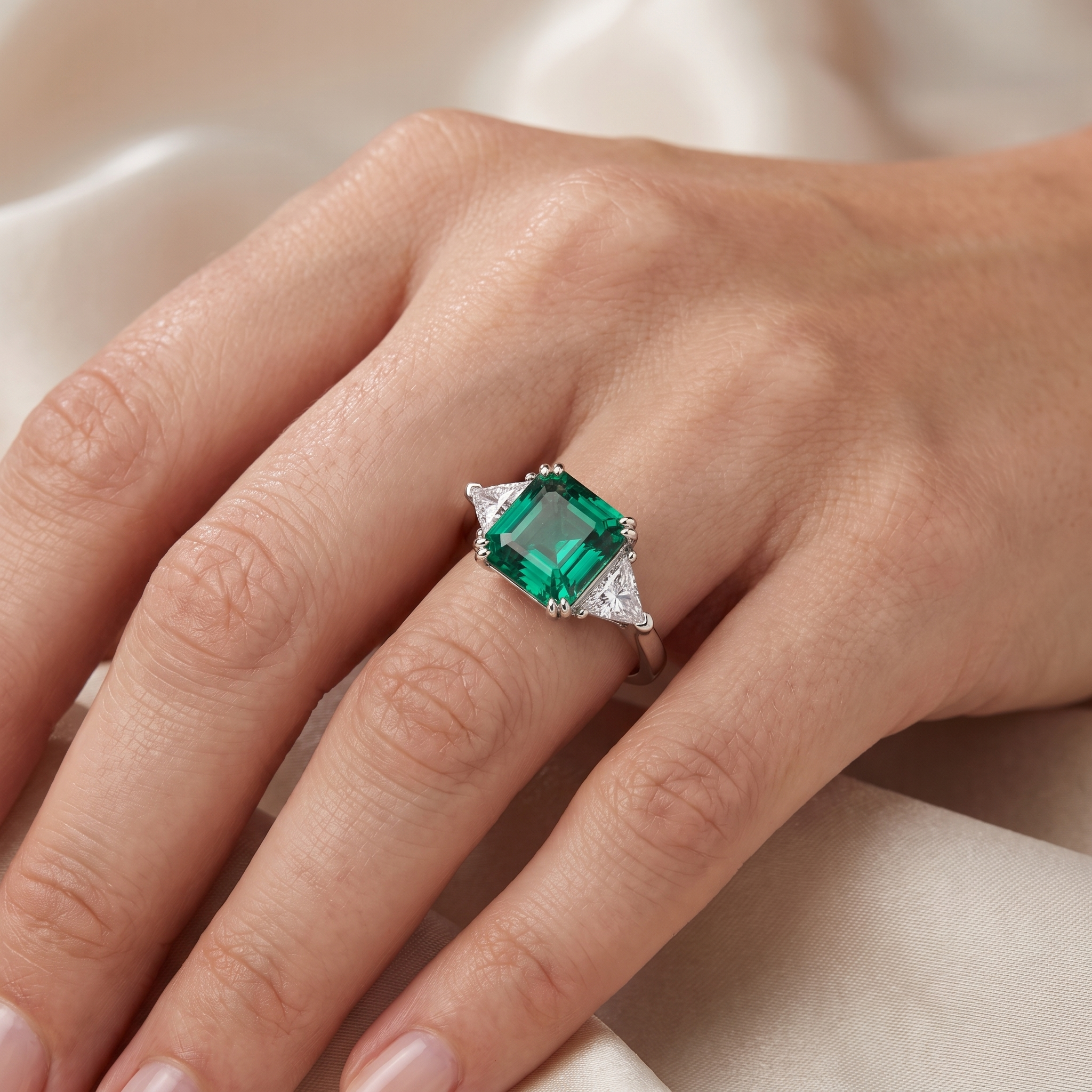 Emerald Green Asscher-Cut American Diamond Three-Stone Ring in 925 Silver Secondary image