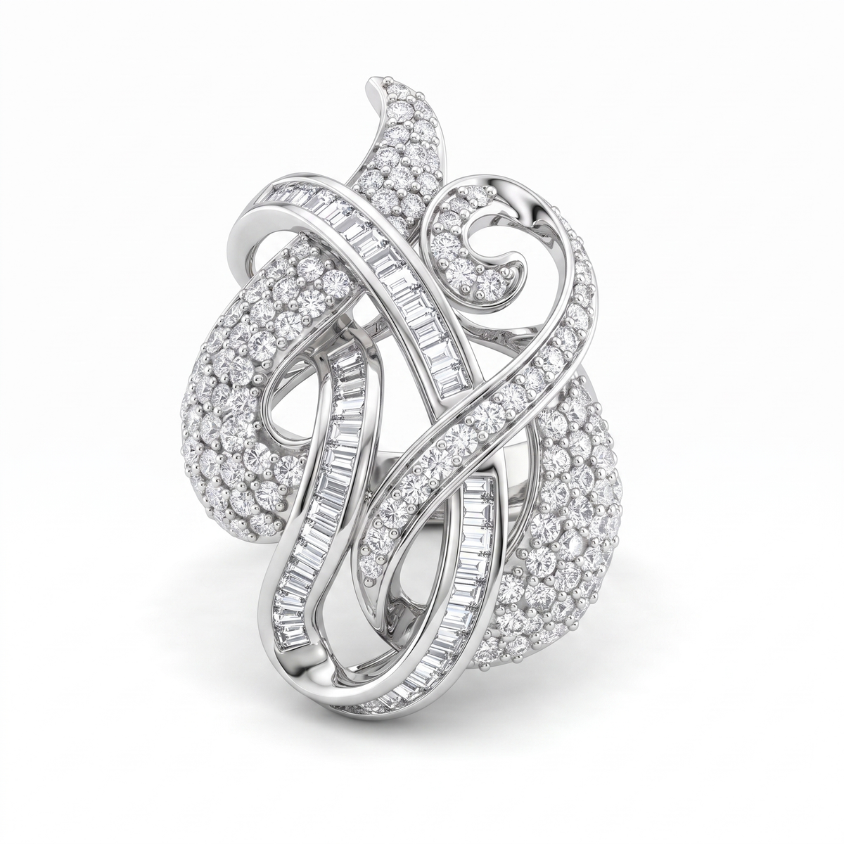 Sculptural White American Diamond Statement Ring with Round & Baguette Cuts in 925 Silver