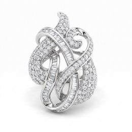Sculptural White American Diamond Statement Ring with Round & Baguette Cuts in 925 Silver