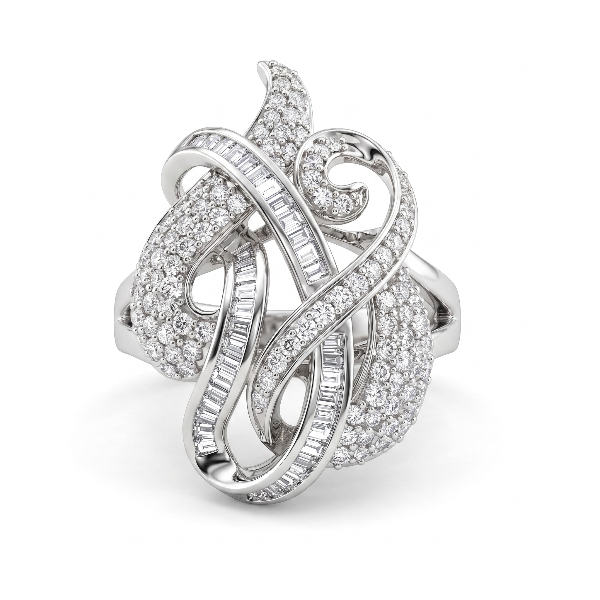 Sculptural White American Diamond Statement Ring with Round & Baguette Cuts in 925 Silver Secondary image