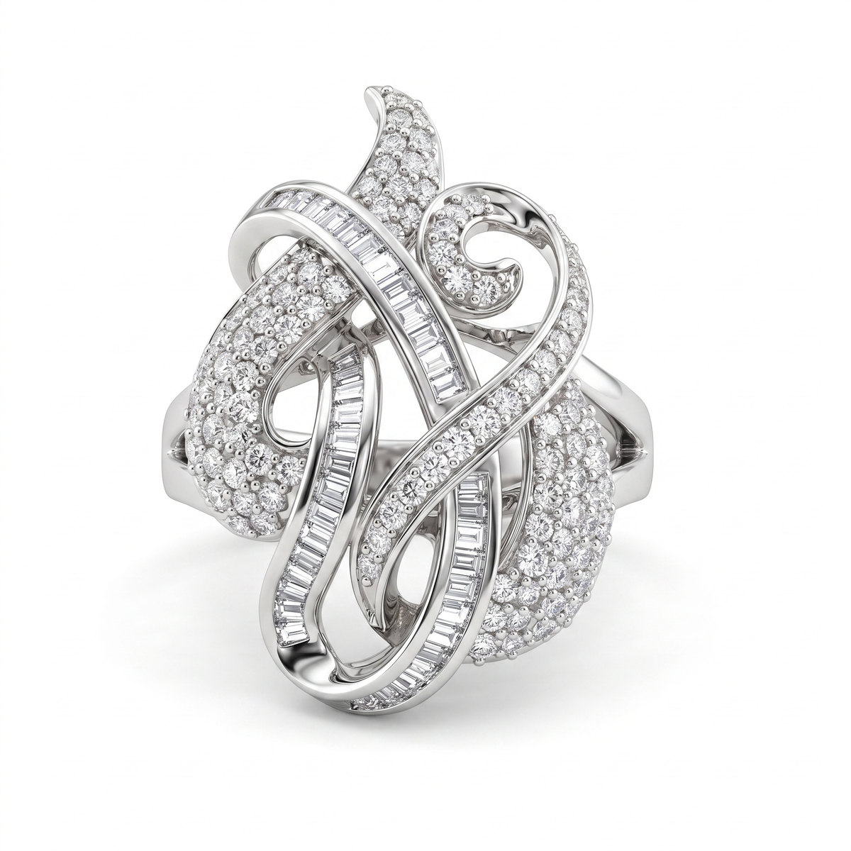 Sculptural White American Diamond Statement Ring with Round & Baguette Cuts in 925 Silver